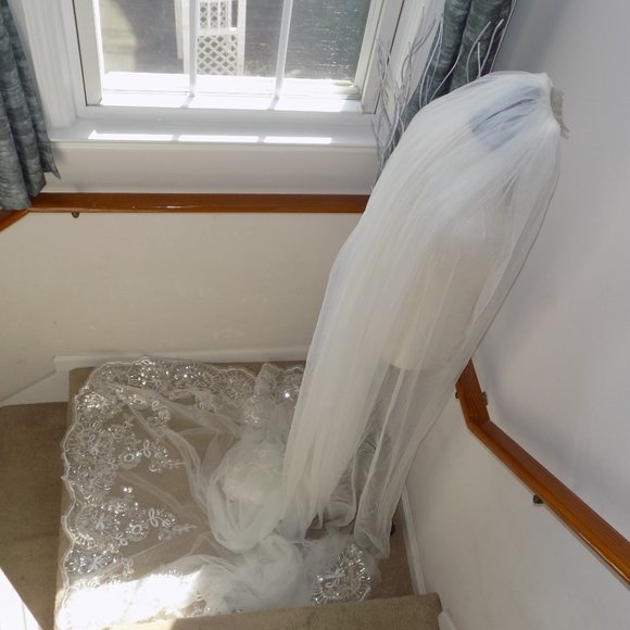 Ivory w/Silver Sequins Long Cathedral length Wedding Bridal Veil - Picture 3 of 5